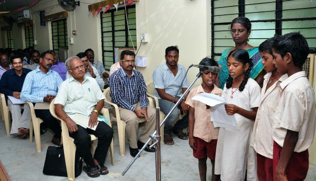 Students of a government-aided school performing a radio programme that will be broadcast by All India Radio. Photo: R. Ashok